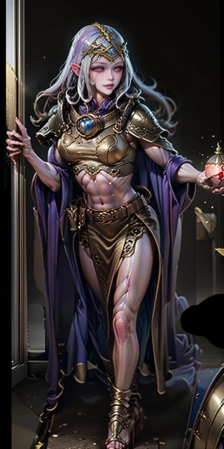 extremely long hair, ponytail, perfect ??????? 1 girl tall solo, slim thick, ((muscular)) high elf toned body, golden breast plate, golden cape, slender abs, hourglass waist, detailed face, defined cheekbones, puffy lips, goldengauntlets, gold crown, shadow over eyes, looking at viewer, masterpiece, white thigh highs lingerie, lustful smirking smile face red blushed red cheeks, 2 high heels feet together