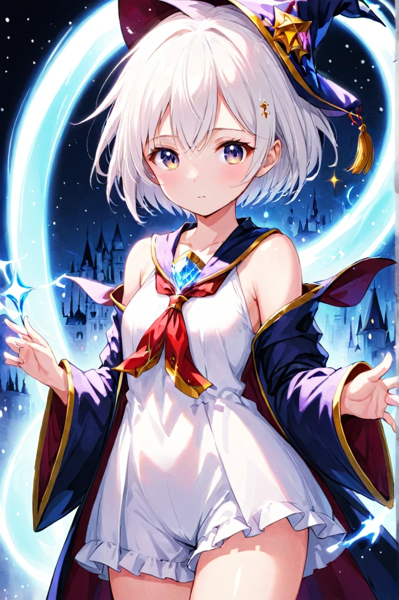 anime, pretty girl, White Short Hair, Wizard's Hat, close, Dynamic Angle, Happy, smile, cherry blossoms, School, building, Entrance Ceremony, Bokeh, Depth of written boundary, Wind power increase, petal, falling petal, transparent, bloom effect, Pink, topless, Embarrassed expression