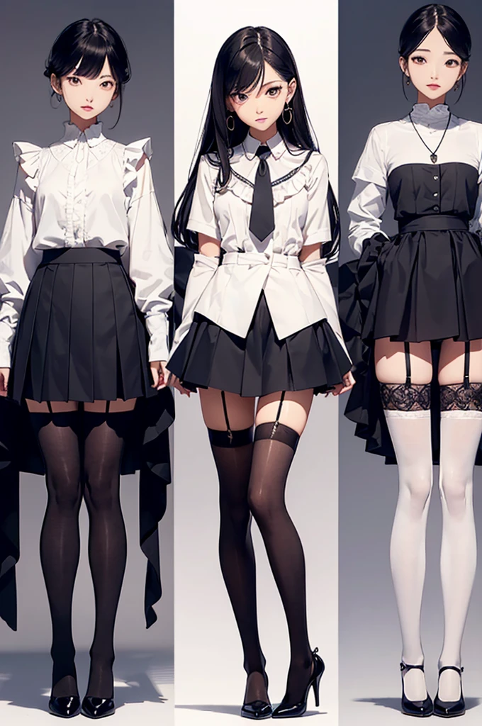 ((Biologically correct number of limbs))、(( Full body photo including face))、4K、((standing position))、masterpiece、((focus on the face))、((Symmetrical facial features))、Eyes with detailed description、Beautiful woman、outstanding style、beautiful arms、beautiful legs、beautiful hands、(small ass、thin thighs）、Detailed depiction of faces、small earrings、necklace、(Ruffled uniforms、skirt、high heels、stockings）、sideways glance、