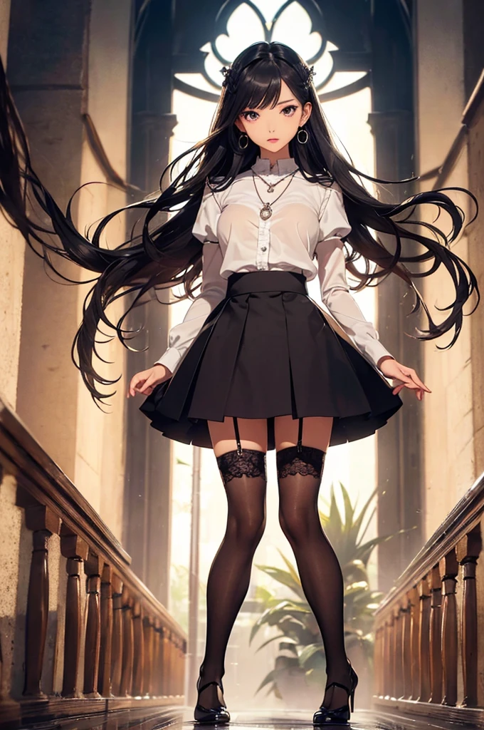 ((Biologically correct number of limbs))、(( Full body photo including face))、4K、((standing position))、masterpiece、((focus on the face))、((Symmetrical facial features))、Eyes with detailed description、Beautiful woman、outstanding style、beautiful arms、beautiful legs、beautiful hands、(small ass、thin thighs)、Detailed depiction of faces、small earrings、necklace、(Ruffled uniforms、skirt、high heels、stockings)、sideways glance、
