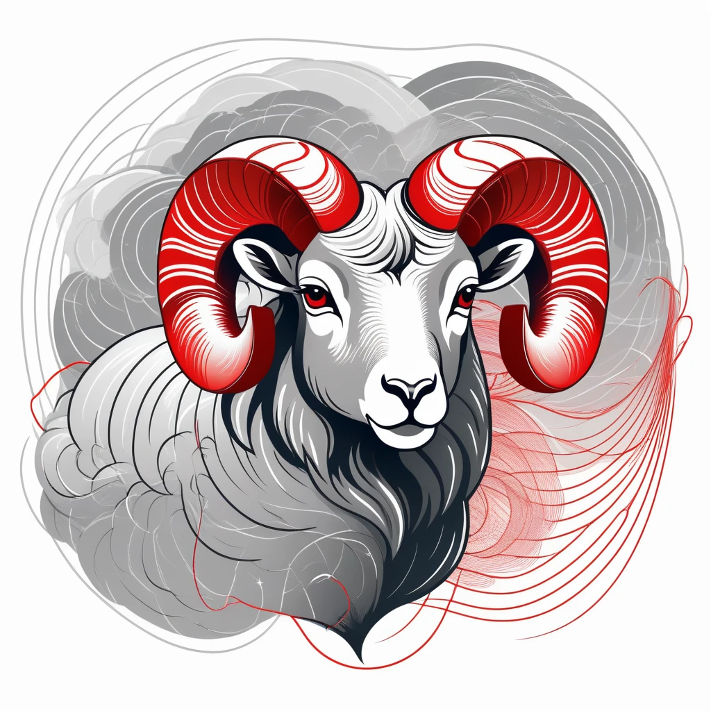 Aries ram formed by wind patterns, meteorological chart style, dynamic and unpredictable, storm cloud lighting, isobar line art, shades of gray with red accents, full front print, topographic map texture, weather enthusiast streetwear, T-shirt design graphic, vector, contour, white background