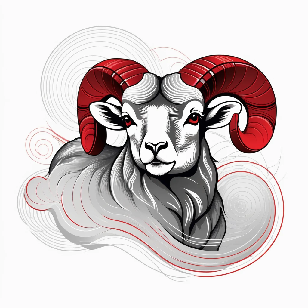 Aries ram formed by wind patterns, meteorological chart style, dynamic and unpredictable, storm cloud lighting, isobar line art, shades of gray with red accents, full front print, topographic map texture, weather enthusiast streetwear, T-shirt design graphic, vector, contour, white background