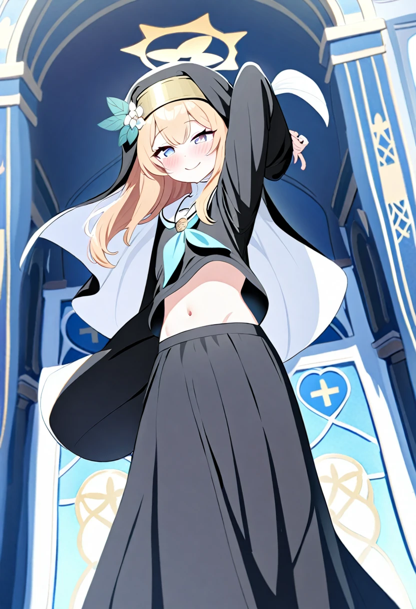 Mari/Blue archive,long skirt,long sleeve,nun uniform,two arm above head,navel showing, midriff,two arm pit,stand up, beautiful navel,stand up,shy face,blush,heart eye,smile,