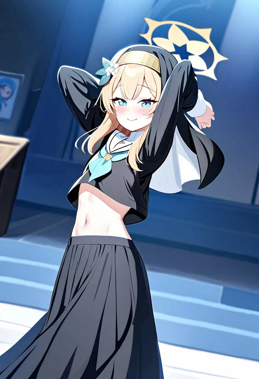 Mari/Blue archive,long skirt,long sleeve,nun uniform,two arm above head,navel showing, midriff,two arm pit,stand up, beautiful navel,stand up,shy face,blush,heart eye,smile,