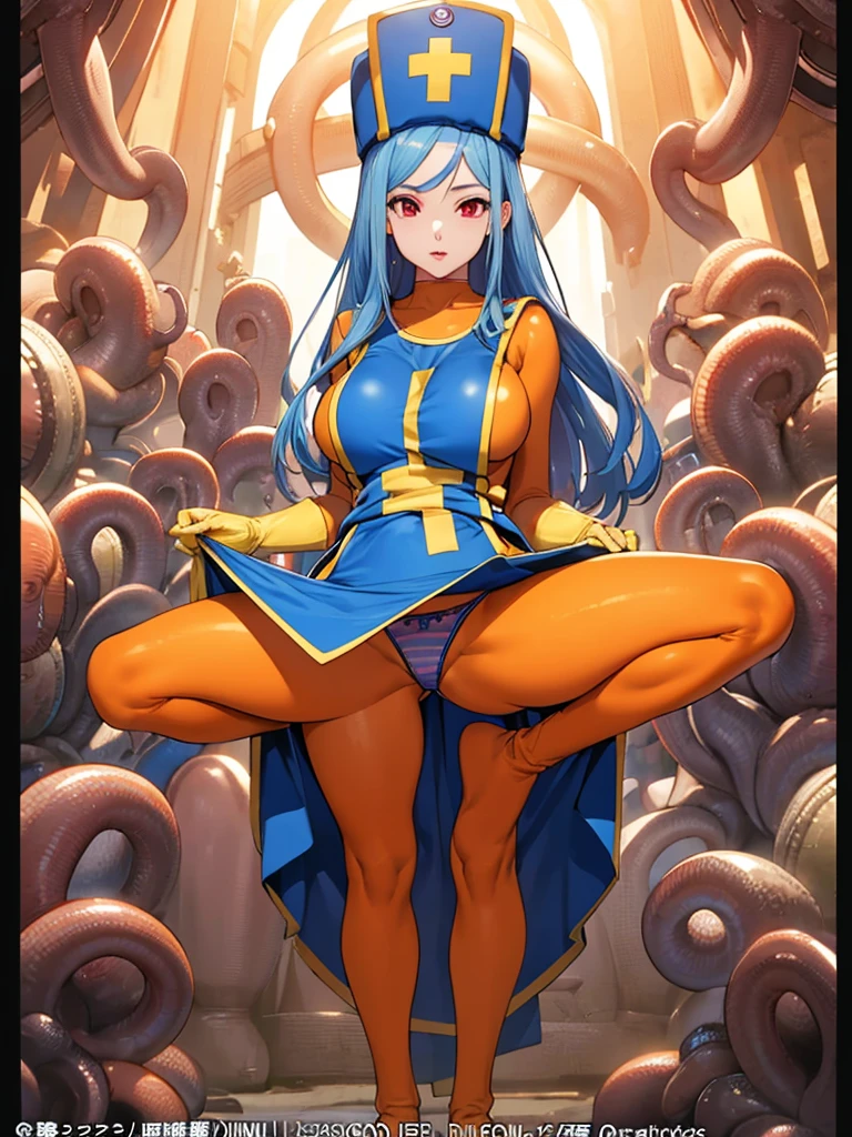 masterpiece,Highest quality, Unreal Engine, Super Resolution, Very detailed,
1 Girl, Waist, thin, (Muscular:0.8)
Round Breasts, Big Breasts, Bold,  Part your lips, Observe the audience,
Are standing, sexy pose
Waist shot,Tentacles entangled in chest,Spread your legs,
Simple background anime style, Key Visual,
 Light blue hair, Red eyes, Long-haired monk \(dq3\)
,Light Blue Panties,Tabard Elbow Gloves,Orange full body pantyhose 1.3,((Spread your legs上げる:1.3))