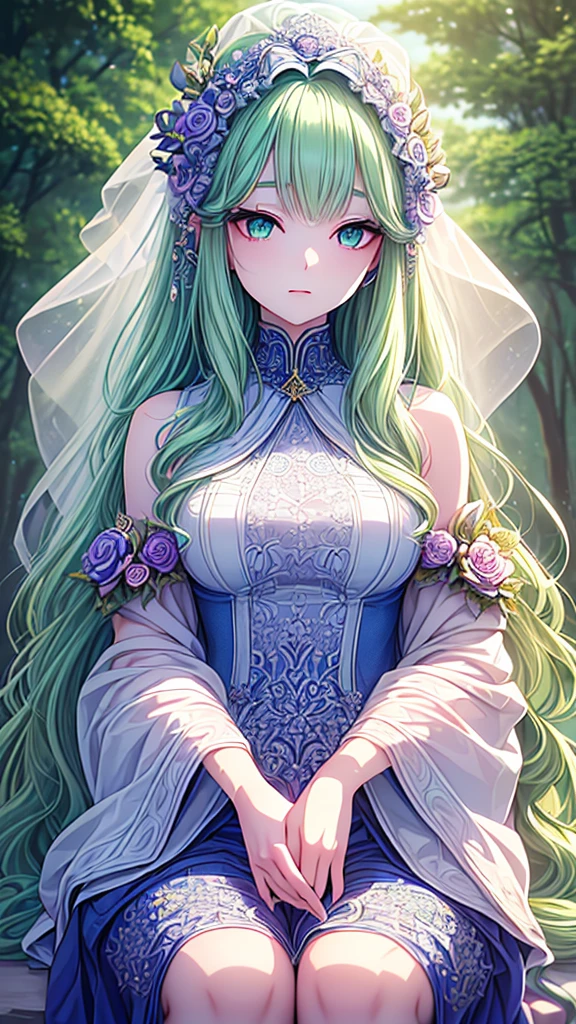 ((best quality)), ((masterpiece)), (detailed), une fille, visage parfait, Longhaire, ((golden hair)), curly hair, decorated cheveux, ultramarine blue eyes,(

Name: Vermillion Veil, Yui
Element: VERDANTHIA
Description: A graceful and enigmatic enchantress whose verdant energies flow through her every vein. With ethereal foliage blooming around her, she weaves the very essence of nature, preserving life in her delicate touch.
Prompt: ((((Majestic, radiant, lush)))), 1girl, sitting, ((long, wavy, light green hair:1.1)), ((pale green skin:1.1)), ((emerald eyes, meticulously detailed face:1.1)), ((glowing_veins)), (((ultra detailed eyes:0.8, lively, expressive eyes:0.9))), ((centered, isolated, close up, daytime, outdoors, nature's backdrop))), medium breasts, serene smile, ((dexterous hands)), (((head:1, shoulders, arms, hands in view, focusing on magical craft:1.0))), ((holding a branch, signaling growth)), ((ethereal aura, enchanting atmosphere)), 25 years old, ((calm and collected)), ((serene)), (((high definition)))

)
