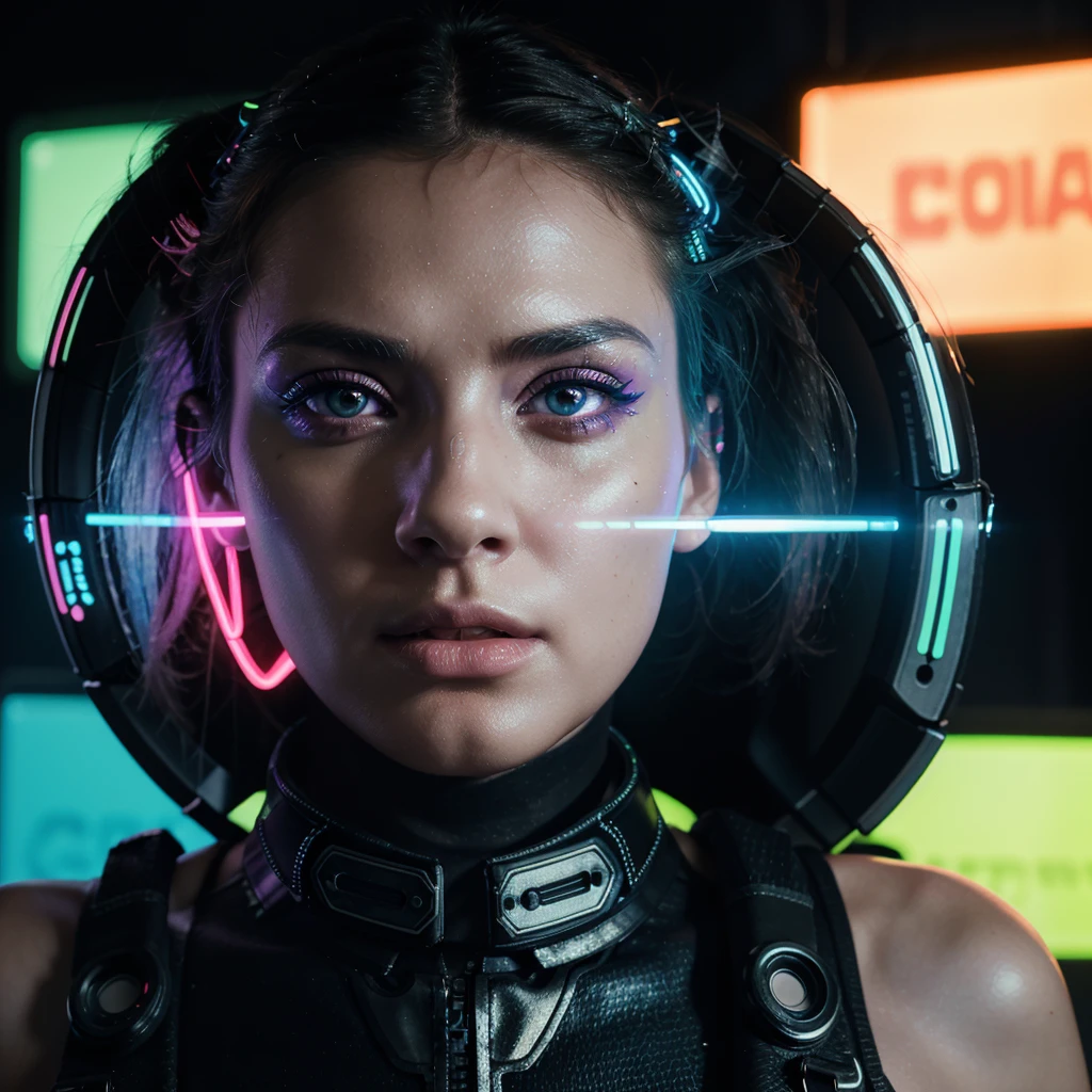 absurd resolution, 8K high resolution, reflection, refraction:1.4 ultra-detailed:1.0 (illustration, line drawing), masterpiece, Bright Background of Neon Club Lights, Headshot portrait, woman, techno Rave girl wearing Neon Clothing, Tron led lights of multiple neon tube light clothing. wearing DJ Headset, Woman wearing cyber synth sunglasses, best quality, portrait of a woman from Neck Up cyberpunk dystopian female warrior, wearing a futuristic clear mask, detailed face and eyes, gorgeous, tough penetrating gaze, mechanical bodysuit with glowing neon wires, wielding a futuristic phosphorescent weapon, neon lighting, looking at viewer, digital photography, dof, sharp focus,