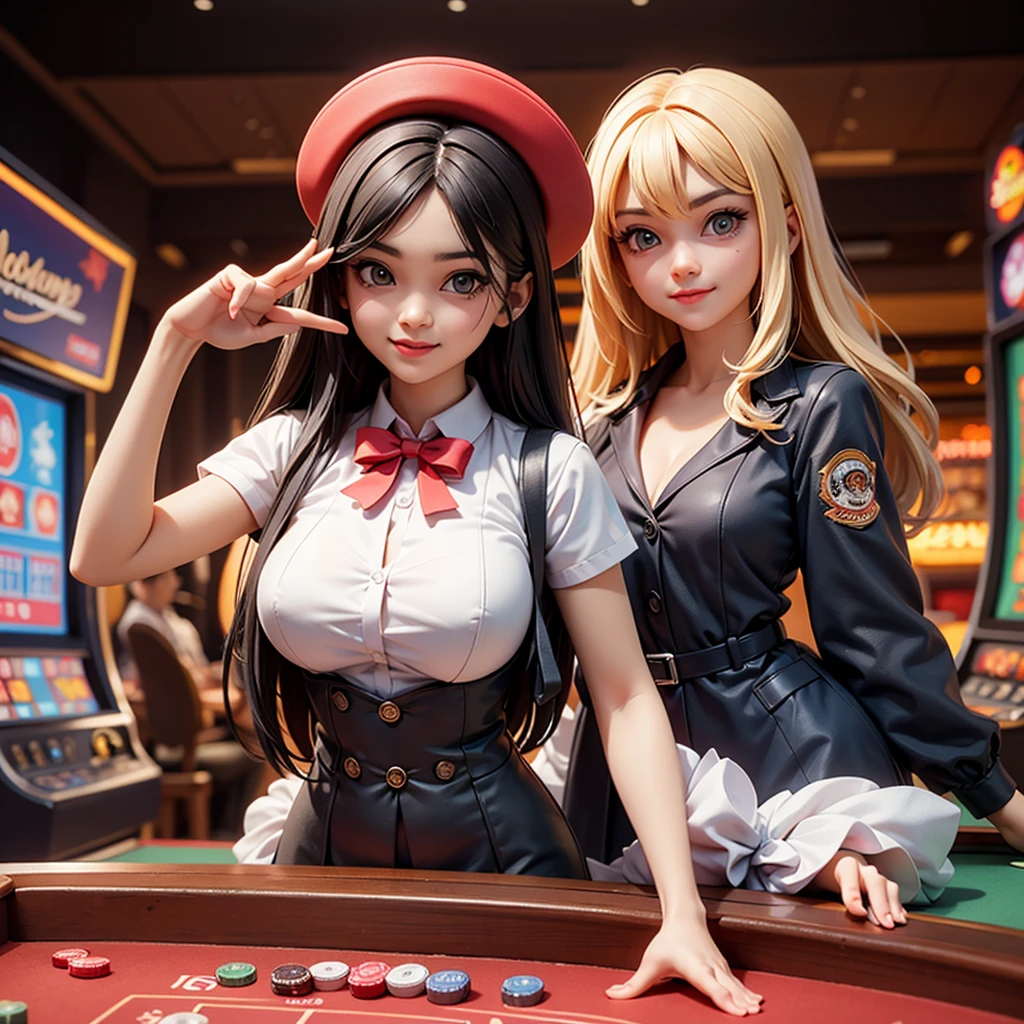 ((best quality)), ((masterpiece)), (detailed), happy and smile, {{indonesian girl}}, {wearing high school uniform}, teasing and waiting customer play, standing, playing in casino, red casino background, polite and kind, Sweet Face, roulette table, poker table, big slot machines right and left, win jackpot, {{no headwear, no hat}}, private casino, crowded gambling area in background, so crowded, so many people, las vegas, american, illusions, halloween casino, dont wear hat, no headwear, no hat, together with thailand and vietnam girl,