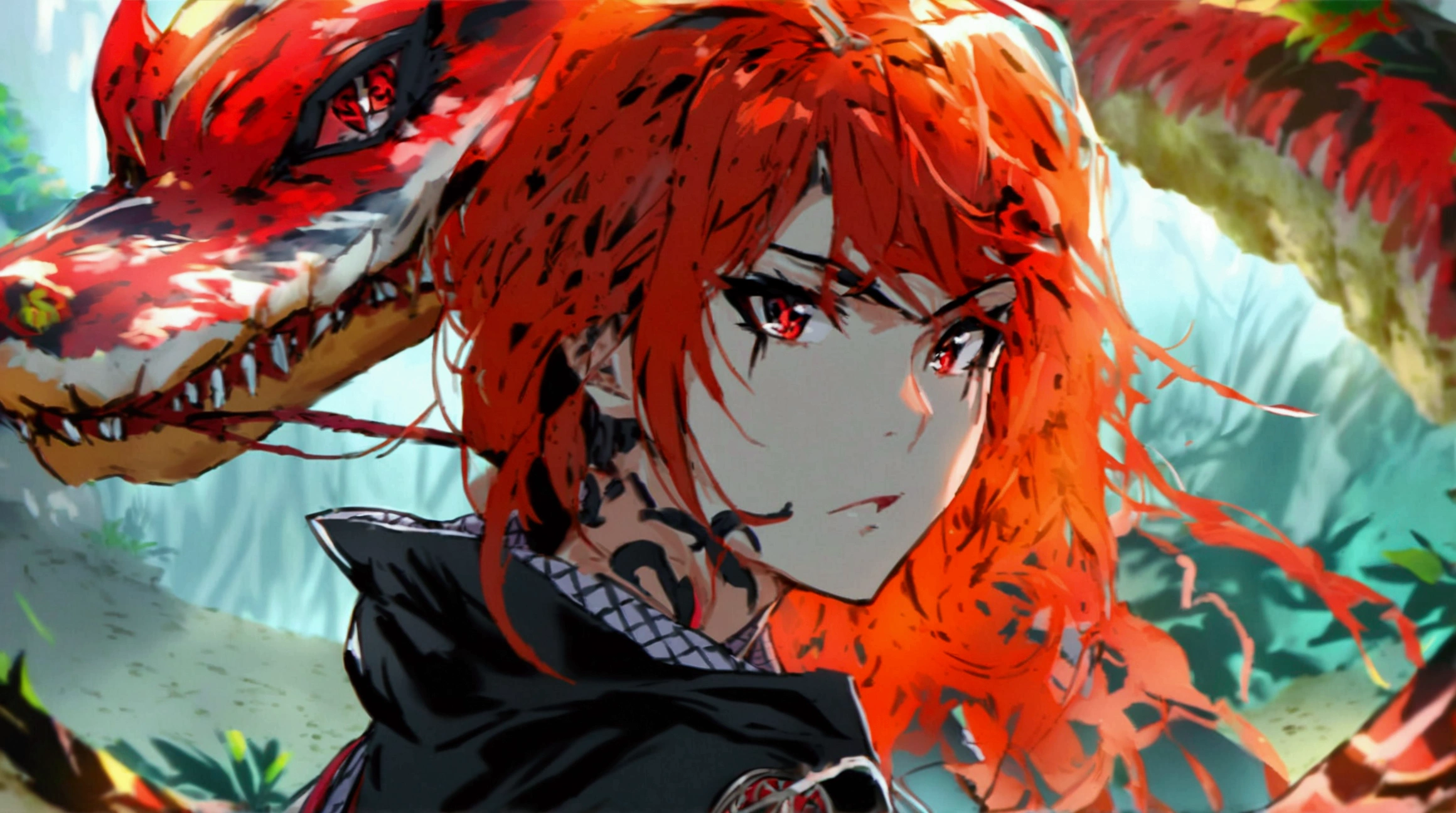 Redhead girl with wavy hair, with black eyeliner, visiting akatsuki outfit, with the sharingan in both eyes, she has a tenacious look, (On his forehead he wears a band with the village plaque between the leaves), She is facing the camera looking towards the camera., Behind her is a demon in the shape of a red crocodile accompanying her..