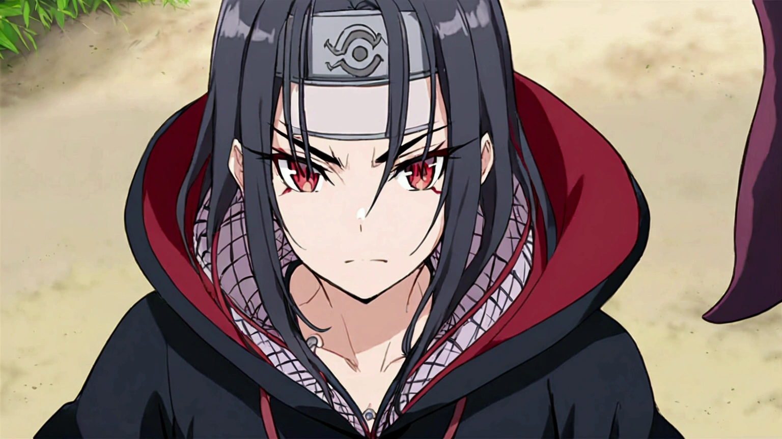 Redhead girl with wavy hair, with black eyeliner, visiting akatsuki outfit, with the sharingan in both eyes, she has a tenacious look, (On his forehead he wears a band with the village plaque between the leaves), She is facing the camera looking towards the camera., Behind her is a demon in the shape of a red crocodile accompanying her..