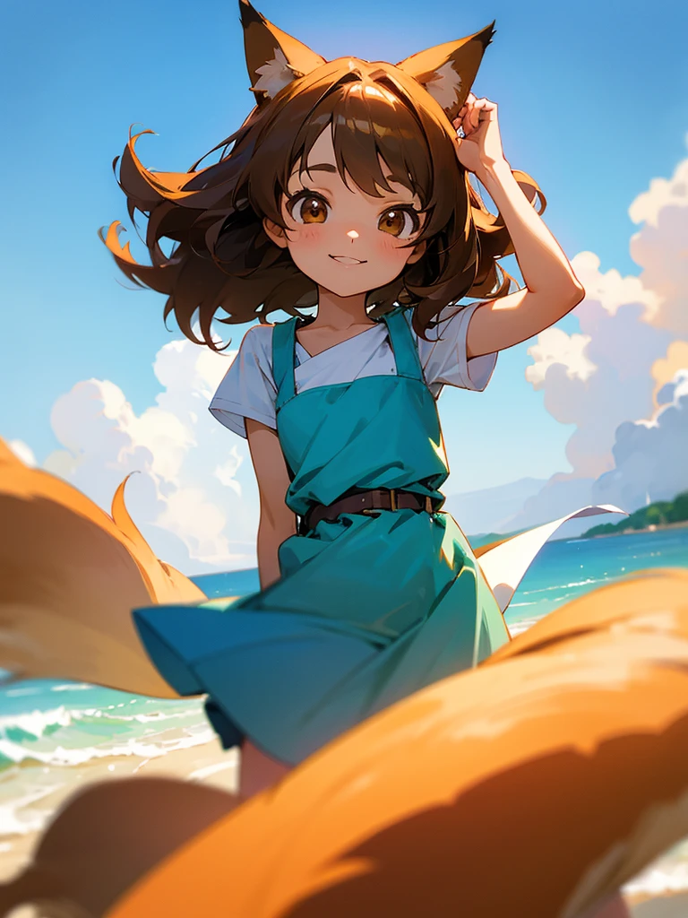 A cute little lowteen anime girl, short brown wavy hair, id shot, anime style, big shiny brown eyes, fox ears, 11 years old, summer, smile
