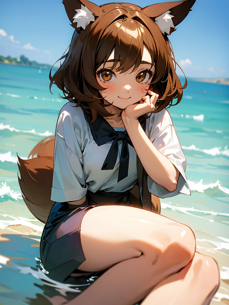 A cute lowteen anime girl, short brown wavy hair, id shot, anime style, big shiny brown eyes, fox ears, 11 yeaer, smile