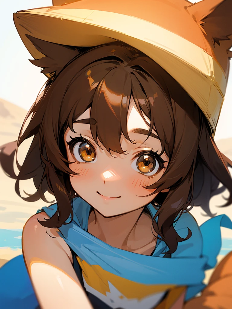 A cute little lowteen anime girl, short brown wavy hair, id shot, anime style, big shiny brown eyes, fox ears, , summer, smile