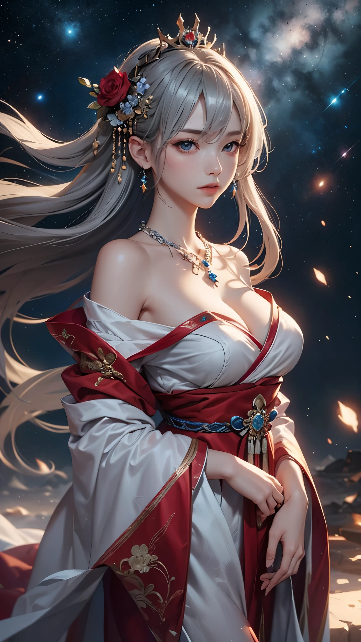 (masterpiece:1.5, Highest quality, Very detailed、 Dutch Angle、Semi-realistic、Fantasy)(One Girl, alone)(Silver Hair:1.6,,Straight Long Hair)(Wearing Han clothes, Royalty、White and red Hanfu:1.5,Thick fabric,Long sleeve)、((Off the shoulder、big breasts, Beautiful cleavage、ruby ​​necklace))(from backside),(Beautiful starry sky、Mystical Night、Particles of light float around the woman、Fantastic space)
