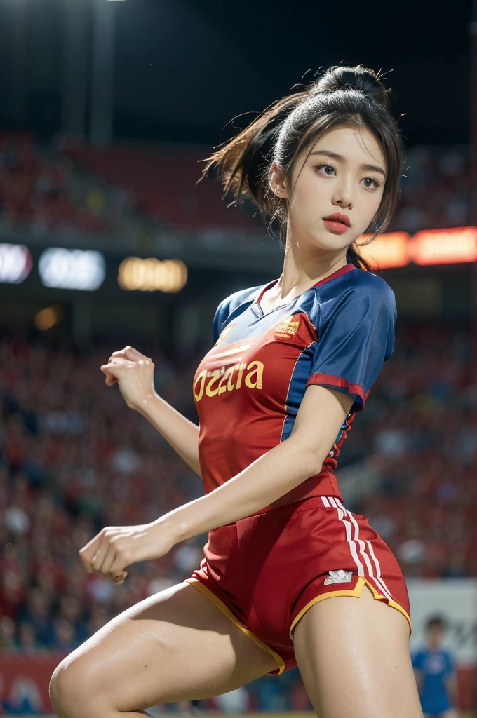 (((best quality))),(((ultra detailed))),(((masterpiece))),illustration,((1 beautiful girl,female footballer,solo)),((small breasts,flat chest)),((slim,thin)),summer night,stadium,crowded stands,enthusiastic spectators,football match,(short ponytail:1.2),(short sleeves:1.2),((Spain team kit,red shirt,blue shorts)),(slender legs:1.2),(football:1.3),fluid movements,powerful,sweat,forehead,exhaustion,passion for football,purposeful running,electric atmosphere,crowd roar,critical juncture,pressure,undeterred,floodlights,luminous glow,long shadows,drama,breathtaking sight,raw passion,unbridled energy,determination,skill,embodiment of sport's spirit,strength,resilience of human spirit,(standing:1.3),((from front,upper body))