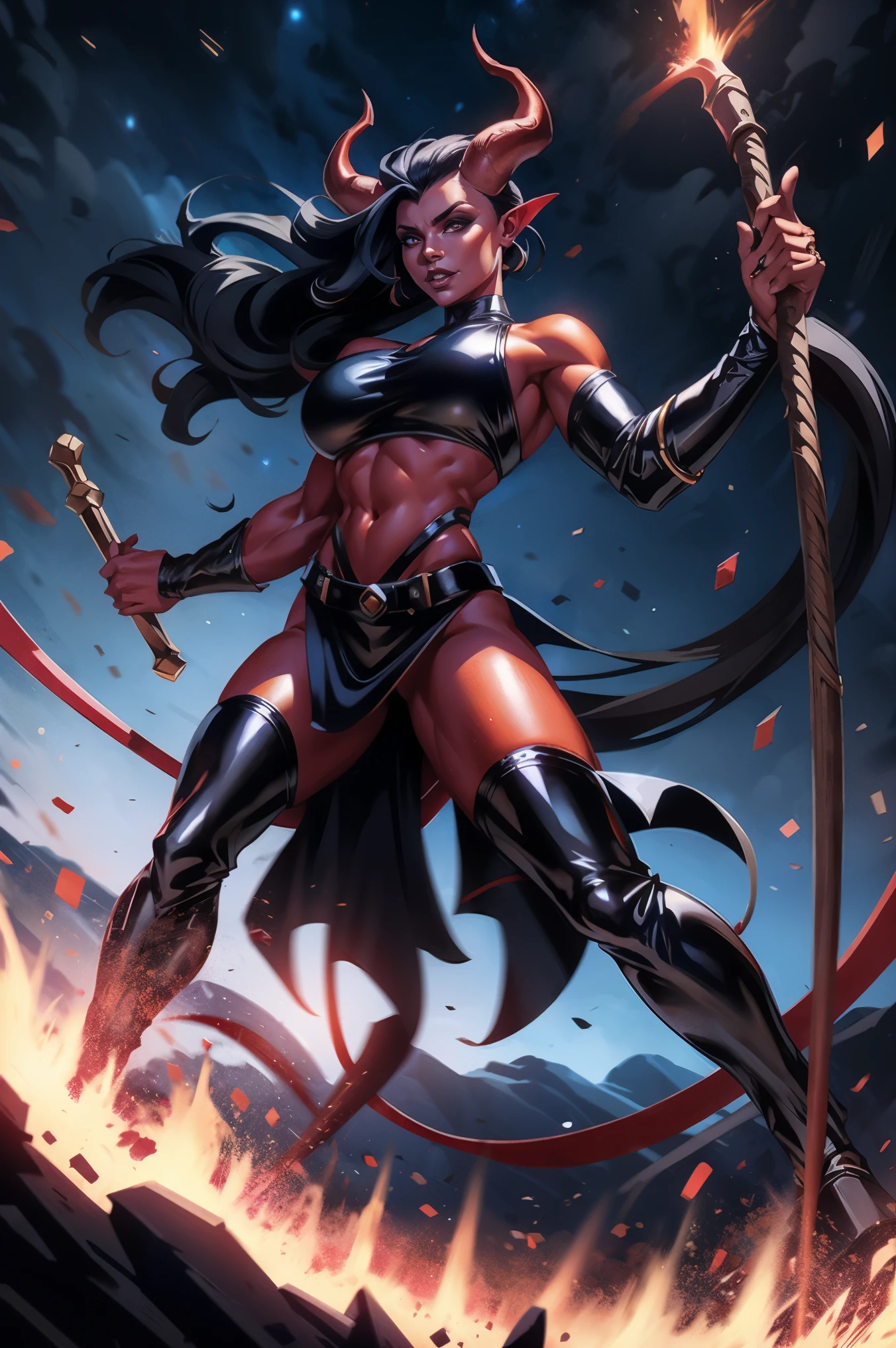 back view, looking over her shoulder, Red skin succubus tiefling, medium breasts, sideboob, backboob, bubble butt, big butt, black horns, wings, huge tail, black leather, crop top, long flowing pelvic curtain, tall, athletic, graceful, thin, long black ponytail. Action scene, whip. Dark scene, explosions, night sky.