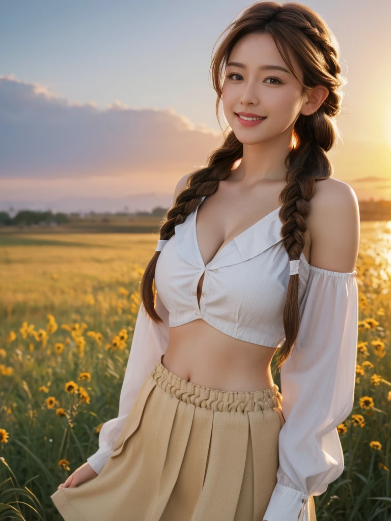 1girl, solo, facing viewer, smile, 8k, masterpiece, (((twin braided brown hair))), off shoulder crop top, unbuttoned, cleavage, underboob, micro skirt, extremely glossy skin, field, sunset, masterpiece, HD, detailed skin, detailed face and eyes, realistic, daytime, high resolution, 8k, medium breast, cleavage: 1.2, standing, cowboy shot