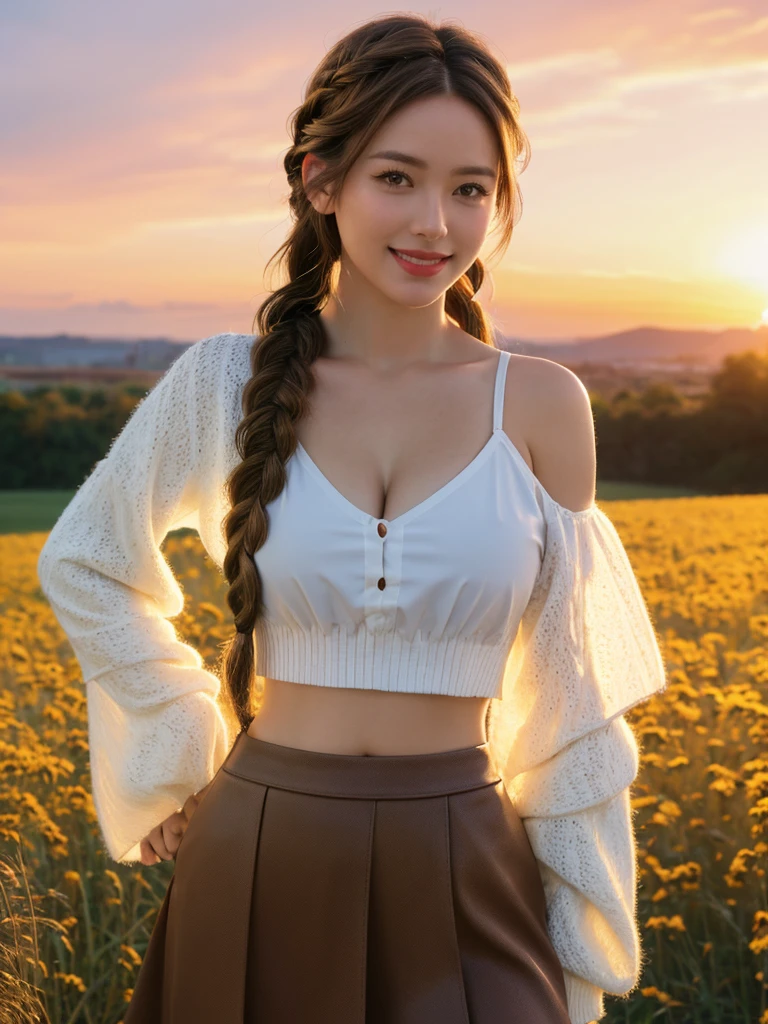 1girl, solo, facing viewer, smile, 8k, masterpiece, (((twin braided brown hair))), off shoulder crop top, unbuttoned, cleavage, underboob, micro skirt, extremely glossy skin, field, sunset, masterpiece, HD, detailed skin, detailed face and eyes, realistic,  daytime, high resolution, 8k, medium breast, cleavage: 1.2, standing, cowboy shot