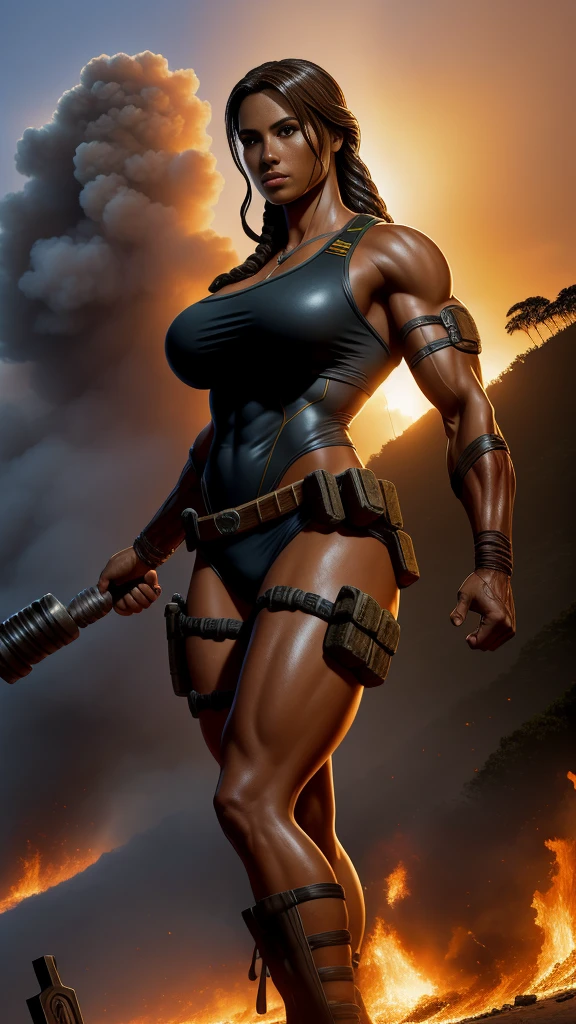 Image of muscular DC COMICS one Lara Croft, human naked body, human anatomy, huge breasts, big ass, holding a apple with right hand, left hand closed, transparent costume identical to that of DC COMICS, with cyborg details, showing full body, showing feet, perfect face, perfect boots, perfect pussy, laser beams coming out from your eyes, highly detailed, super definition, 8k, showing the statue of Christ the Redeemer in the city of Rio de Janeiro January in flames. Cinematic image.