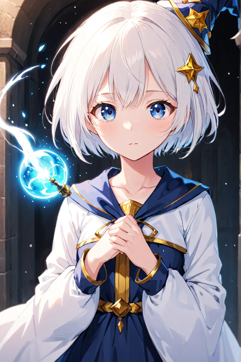 anime, pretty girl, White Short Hair, Wizard's Hat, close, Dynamic Angle, Happy, smile, cherry blossoms, School, building, Entrance Ceremony, Bokeh, Depth of written boundary, Wind power increase, petal, falling petal, transparent, bloom effect, Pink, transparentの着衣, Transparent skin, Embarrassed expression