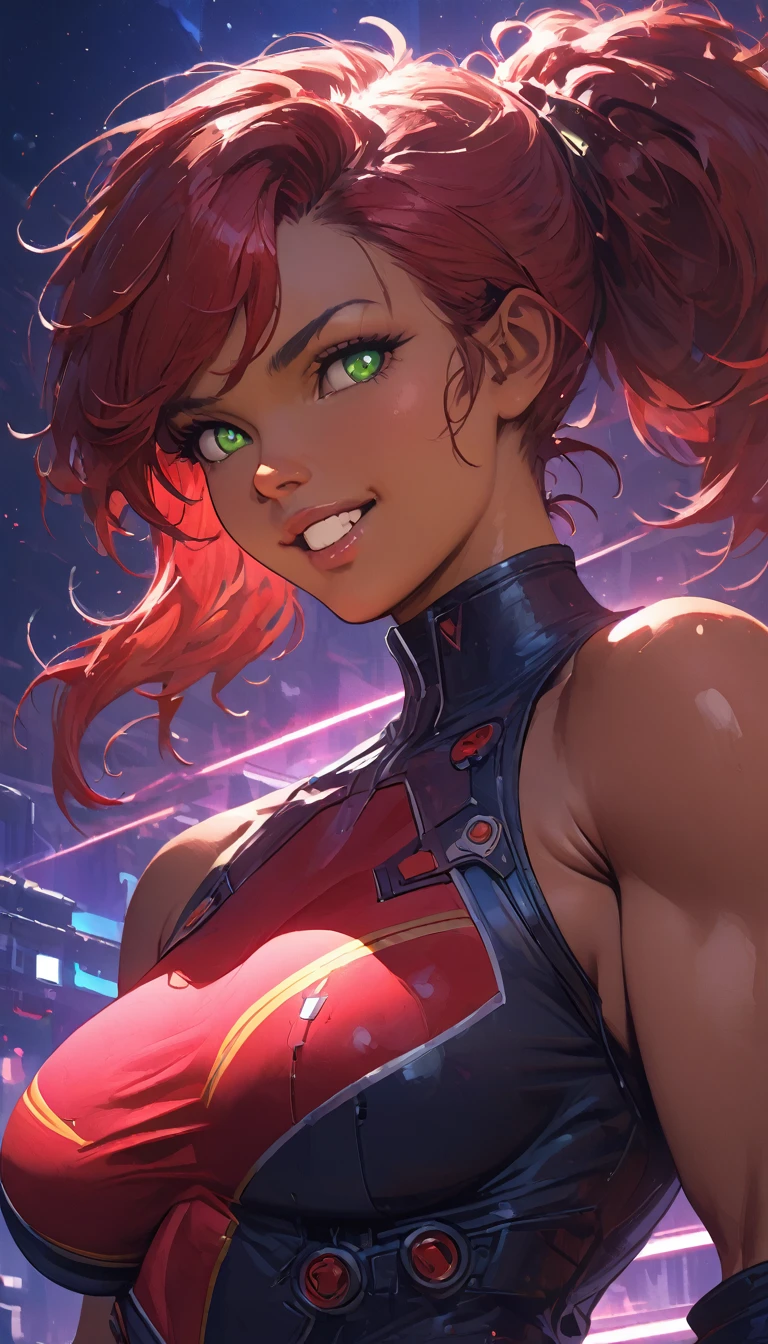 best quality,4k,8k,highres,masterpiece:1.2),ultra-detailed, extremely detailed eyes, extremely detailed body, (large masterpiece digital art), (detailed manga illustration), (detailed line art), ((perfect anatomy)), (intricate details:1.3), (ultra-detailed:1.3), (illustration:1.3), (sharp focus:1.3), (natural lighting:1.05), (vivid colors:1.3), (masterpiece), (best quality:1.4), (perfect anatomy:1.4), high quality, expressive eyes, full body, detailed face, beautiful face, perfect face, 1 girl, breasts, cleavage, gloves, large breasts, cyberpunk clothes, jacket, black jacket, very long hair, thigh length hair, ({dark skin}), dark-skinned female ,detailed ((red hair)), messy hair, green eyes, hourglass physique, bodysuit, ultramarine bodysuit, sleeveless, shorts, thick thighs, toned, captain marvel emblem, emblem, superhero, dynamic lighting, cinematic lighting, dynamic heroic pose, smiling, outer space background, curvy, Atey Ghailan, Jeremy Mann, Greg Manchess, Antonio Moro, trend in ArtStation, trend in CGSociety, Intricate, High Detail, Sharp focus, dramatic and photorealistic painting art by Midjourney and Greg Rutkowski, Jeff Bridges, ((cartoon style)), Marvel Cinematic Universe style