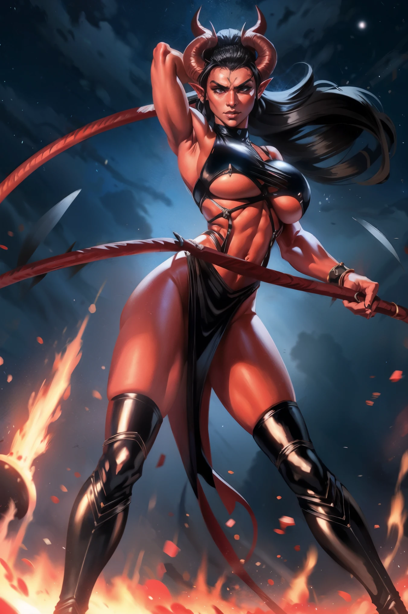 Red skin succubus tiefling, medium breasts, black horns, wings, huge tail, black leather, crop top, long flowing pelvic curtain, tall, toned, graceful, thin, long black ponytail. Action scene, whip. Dark scene, explosions, night sky.