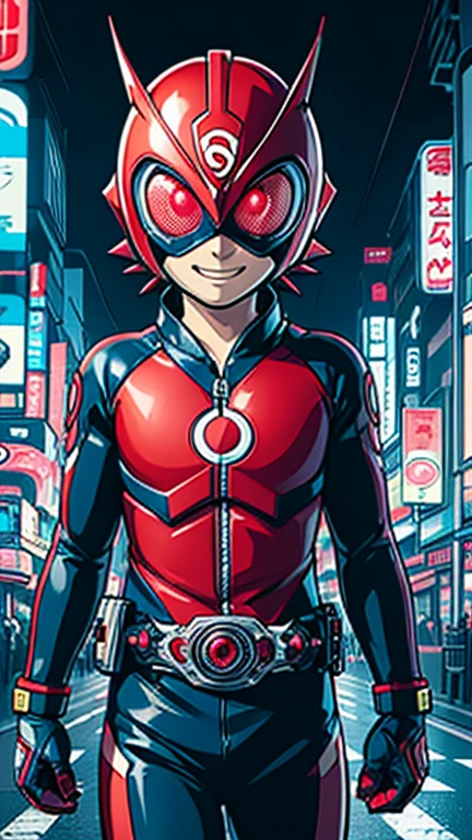 (8k),(masterpiece),(Japanese),(8--old l),((innocent look)),((Childish)),From the front,smile,cute,Innocent,Kind eyes,Flat chest, red helmet,blue domino mask, Haruno Sakura, bald,no Hair,Strong wind,night,dark, Neon light cyberpunk city,Kamen_Rider,camisa