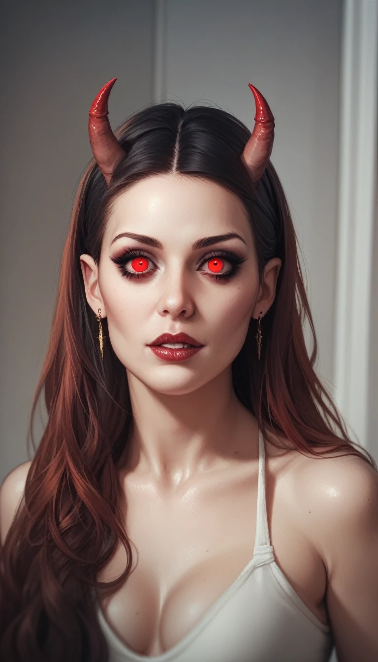 photo RAW, full color portrait, A beautiful female Demon in her natural habitat, masterpiece, award winning photography, lighting, perfect composition, high detail, hyper realistic, even natural lighting, epic, pretty makeup, flowing hair,