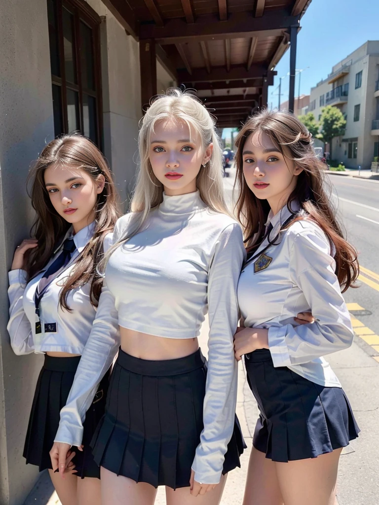 (Group photo of a trio of super beautiful white-haired Russian schoolgirls:1.2)(Sexiest Arab Women)(Smiling:1.2)(16K, RAW Photos, Highest quality, masterpiece: 1.2),(Her shiny, wavy long hair is blown wildly by the wind:1.1) Super detailed, Super Resolution, (Genuine, Genuine photos: 1.37), Portraiture, High-resolution RAW color photos, Professional photos, Very detailed, 8k wallpaper, Very detailed CG Unity 8k wallpaper, Very detailed beautiful girl, Very detailed faces,(Blizzard in Tel Aviv:1.2)(Tight school uniform:1.2)(whole body)(Skinny but big boobs:1.1)(かわいいタイトな半袖 style outfit:1.2)School uniform style outfit,light gray eyes,from side,Winter coats for students,