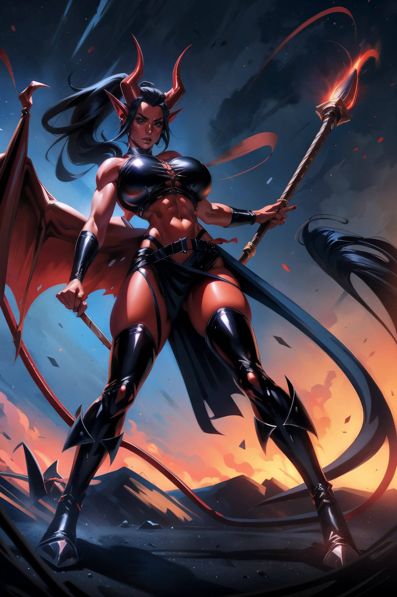 Red skin succubus tiefling, digitigrade legs, full breasts, medium breasts, black horns, wings, huge tail, black leather, crop top, long flowing pelvic curtain, tall, toned, graceful, thin, long black ponytail. Action scene, whip. Dark scene, explosions, night sky.