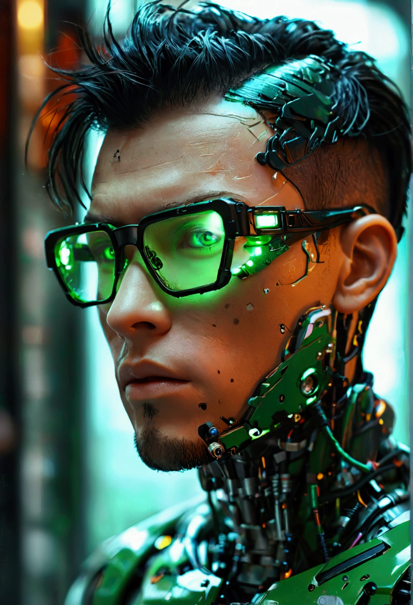 Male robot body hair with black-rimmed glasses with undercut hair, Look to the camera ::futuristic cyberpunk style ,realistic styling ::n_digital painting style, robotic parts, face perfect::seed 1、Black Edged Hair、large nose、Green-based clothing, photo by full body