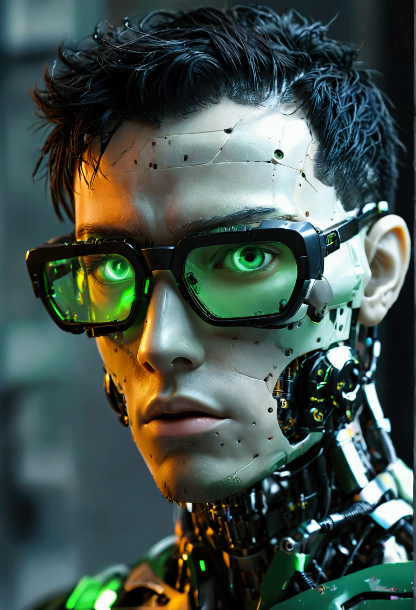 Male robot body hair with black-rimmed glasses with undercut hair, Look to the camera ::futuristic cyberpunk style ,realistic styling ::n_digital painting style, robotic parts, face perfect::seed 1、Black Edged Hair、large nose、Green-based clothing, photo by full body
