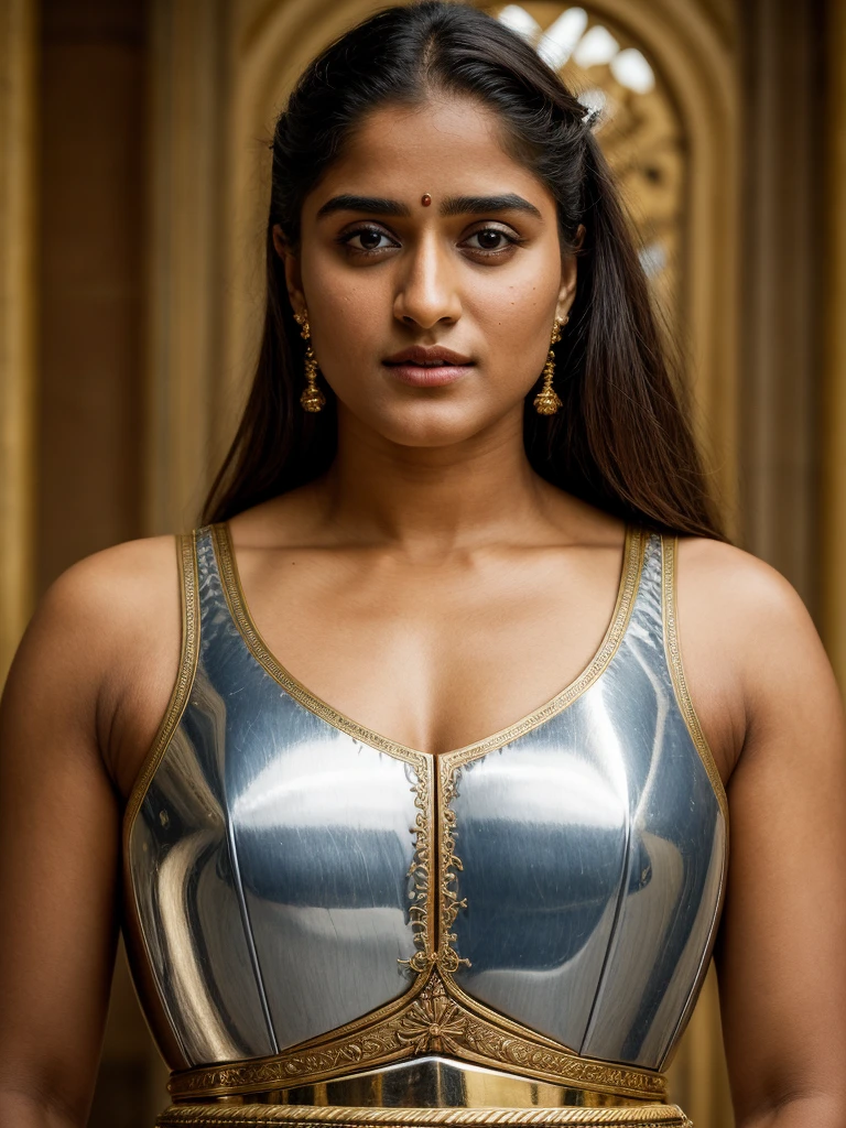 Looks like Nivetha Thomas , high quality skin texture, insane skin details,  "Design an illustration of a stunning and powerful warrior queen with a regal presence. She should possess a combination of strength and grace. Imagine her in ornate, yet practical armor that complements her figure. The armor should be adorned with intricate details and symbols representing her royal lineage and warrior prowess. Her weapon of choice could be a unique and elegant sword or a mythical weapon that reflects her status as a formidable leader. Ravishing beauty, extremely gorgeous, stunning beauty.

Her facial features should exude confidence and determination, with piercing eyes that convey both fierceness and wisdom. The queen's hair, whether long or short, should flow dynamically, hinting at her movement in battle. Consider incorporating elements that emphasize her connection to nature or a mythical realm, such as ethereal backgrounds, symbolic animals, or mystical symbols.

Pay attention to the color palette; use rich, bold colors that enhance her royal aura. Experiment with lighting to highlight specific details and create a sense of drama. Ensure that her posture and expression capture the essence of a queen who commands respect and admiration. Feel free to draw inspiration from historical warrior queens or fictional characters, blending elements to create a unique and captivating image."