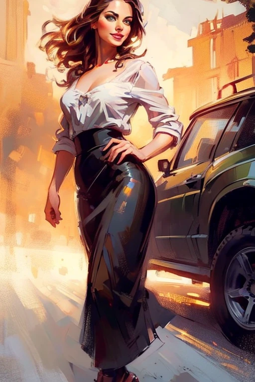 (realistic illustration:1.3), A very beautiful Russian woman. 31yo, brunette, green eyes, short, perfect figure, small breasts,(smile).Black blouse, gray pencil skirt, high heels. Masterpiece, (highly detailed:1.2),(detailed face and eyes:1.2), 8k wallpaper, natural lighting. core shadows, high contrast, bokeh.(rule of thirds)