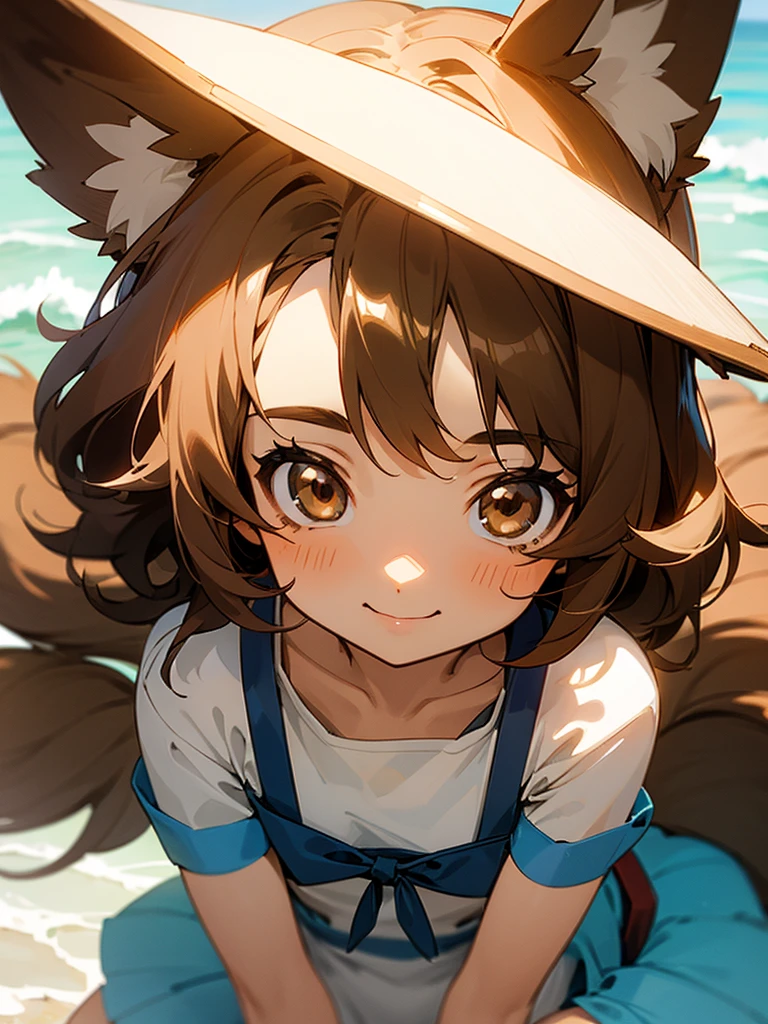 A cute little lowteen anime girl, short brown wavy hair, id shot, anime style, big shiny brown eyes, fox ears, , summer, smile