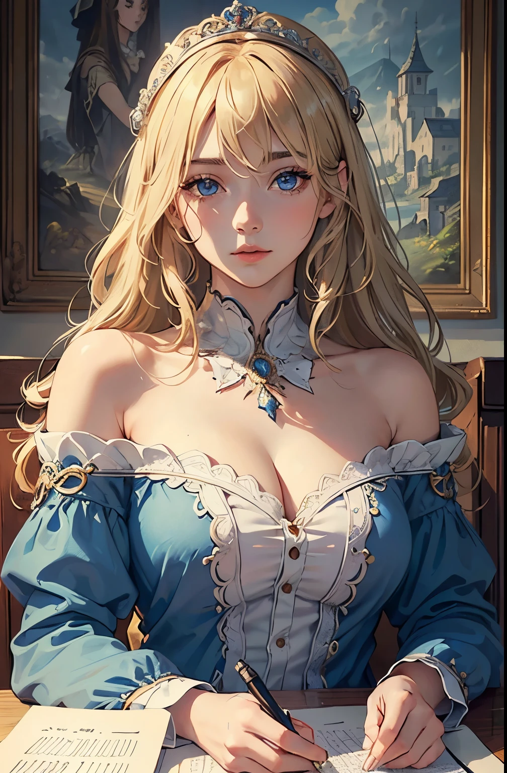 (masterpiece: 1.2, Highest quality), practical, (practical Picture, Intricate details, Depth of written boundary), Highest quality, masterpiece, Very detailed, Semi practical, 1 Girl, Mature Woman, 21 years old, blonde, Shoulder-length hair, The left eye is covered by hair, blue eyes, king&#39;Clothes, Red Cape, The body is slim, 貴重な金で作られたking冠, read a document, Tagging files, Quill pen, machine, Loose stools, palace, 在palace殿里, In the medieval era