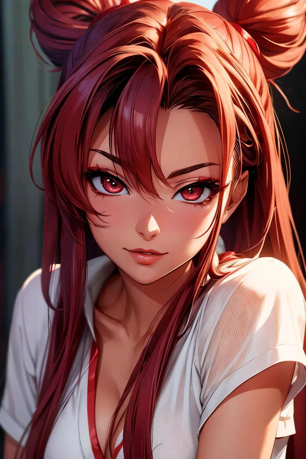  girl, a cartoon character dark red outfit, ((cold expression and tired eyes)), ((hair up to shoulder)), (red eyes), stylized character, animation character, stylized 3d render, 3d character, highly detailed character, stylized anime, stylized 3d, render character, character model, closeup, (maximum quality), sipping box juice sitting in a chair looking at the horizon