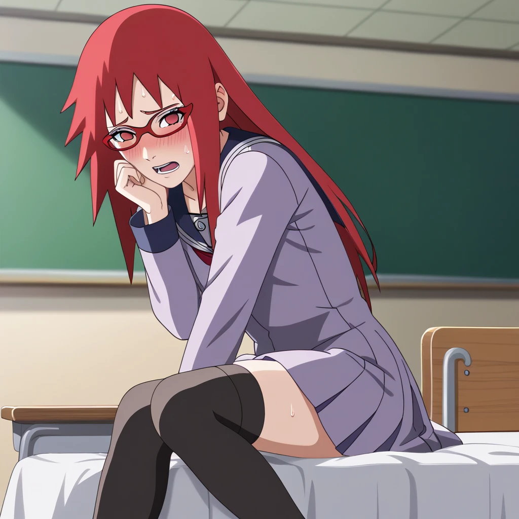 Red hair, 1 Girl, Glasses, Long hair, Red Eyes, Solitary, Sailor Suit, Black over-the-knee stockings, Umbilical cord, Looking at the audience，No students, Japanese cartoons screencap, Japanese cartoons coloring,src_Japanese cartoons,Naruto \(series\), Naruto shippuuden,（（blush，nervous，Vision，classroom，sit on the chair，））masterpiece， absurd ， （Intricate details）， （Colorful）， light， Extremely detailed CG unity 8k wallpaper ，1 Girl， solo，（shy，classroom，night，blush，nervous，Sweating，蕾丝dress， ），sweat，blush，blush1.5，Blush，Medium chest，（（dress，Black stockings，）），（dress，Lying in bed，Uncomfortable expression，Mouth open，spit）