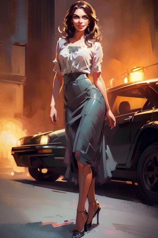 (realistic illustration:1.3), A very beautiful Russian woman. 31yo, brunette, green eyes, short, perfect figure, small breasts,(smile).Black blouse, gray pencil skirt, high heels. Masterpiece, (highly detailed:1.2),(detailed face and eyes:1.2), 8k wallpaper, natural lighting. core shadows, high contrast, bokeh.(rule of thirds)