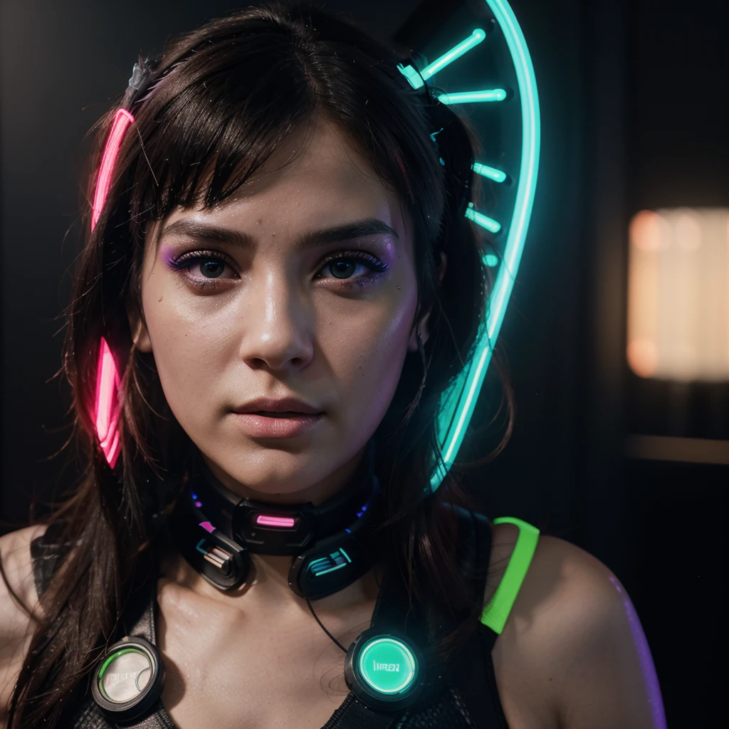 absurd resolution, 8K high resolution, reflection, refraction:1.4 ultra-detailed:1.0 (illustration, line drawing), masterpiece, Bright Background of Neon Club Lights, Headshot portrait, woman, techno Rave girl wearing Neon Clothing, Tron led lights of multiple neon tube light clothing. wearing DJ Headset, Woman wearing NEON sunglasses, best quality, portrait of a woman from Neck Up cyberpunk dystopian female warrior, detailed face and eyes, gorgeous, seductive penetrating gaze, Rave clothing with glowing neon wires, wielding a futuristic phosphorescent weapon, neon lighting, looking at viewer, digital photography, dof, sharp focus,