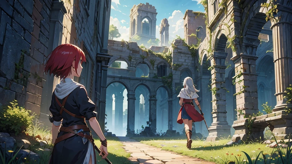 Adventurer　RPG　Shining Slim Sword　Silver-haired boy　Red Haired Girl　Fight　grassland　ruins　magic