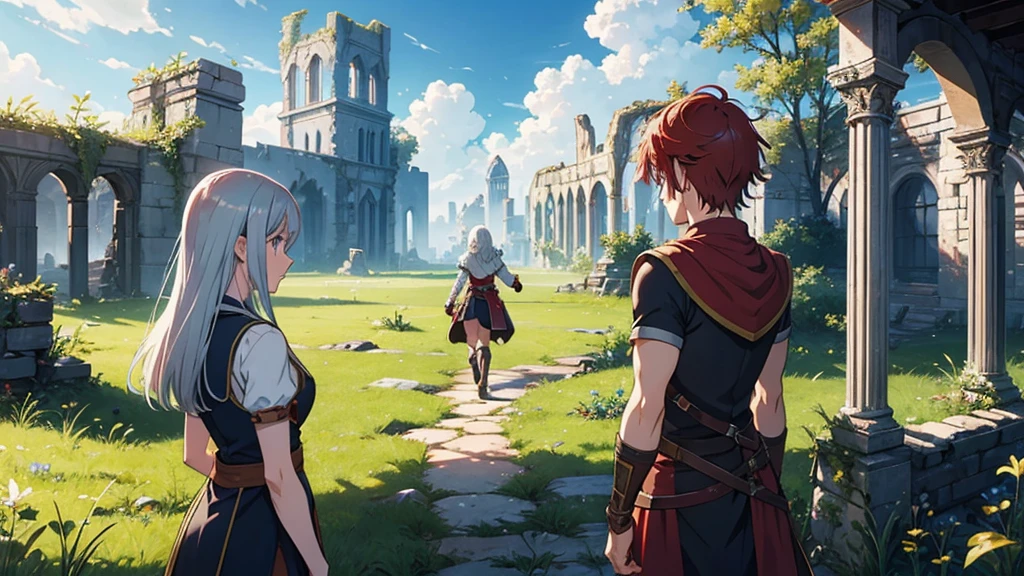 Adventurer RPG Shining Slim Sword Silver-haired boy Red Haired Girl Fight grassland ruins magic