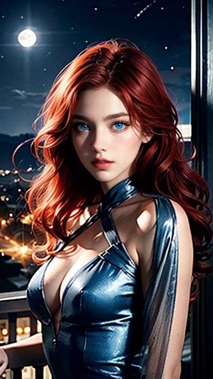 Realistic, Depth of written boundary, Cinema Lighting, (Detailed costume), Perfect Eyes, Lots of details, lips, Line art, Particles of light, ((Red Hair)), ((blue eyes)), Princess Line Dresses, balcony, Night Sky, moonlight, Long Hair, it's snowing, White Theme, Fur has