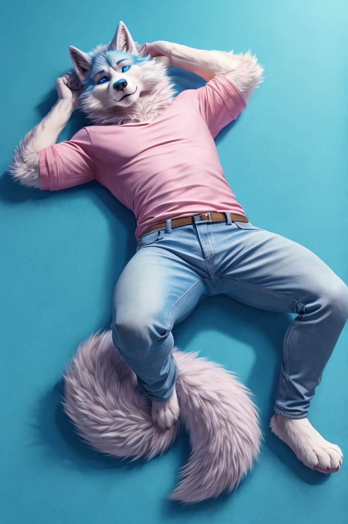 full body Male blue wolf furry blue eyes blue background fluffy tail lying down on the floor with squat legs open skinny light pink color jeans and pink shirts