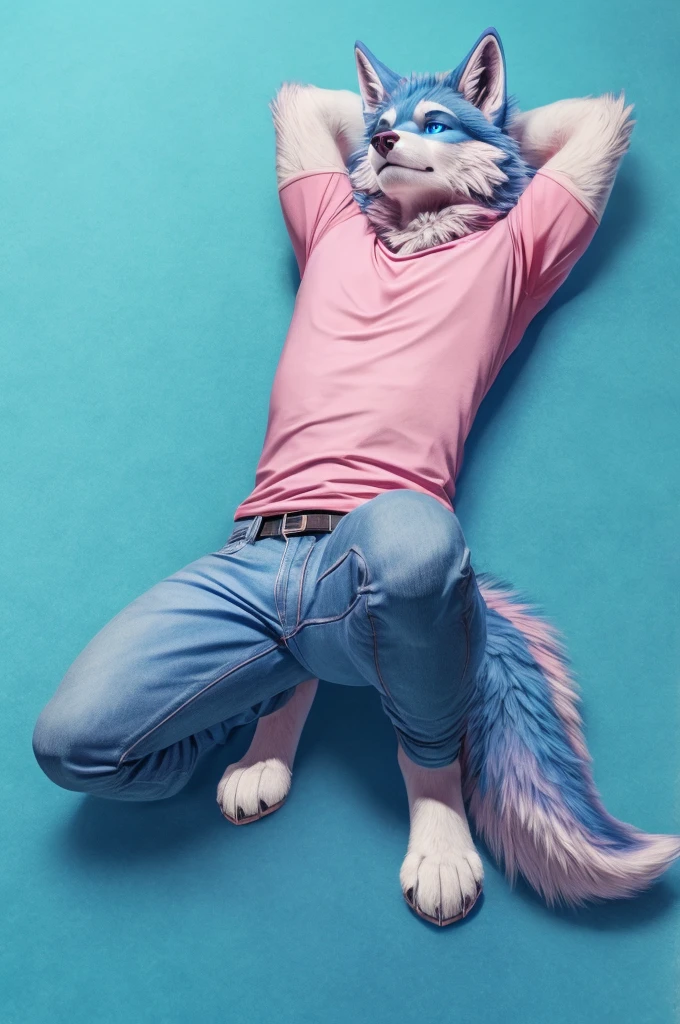 full body Male blue wolf furry blue eyes blue background fluffy tail lying down on the floor with squat legs open skinny light pink color jeans and pink shirts