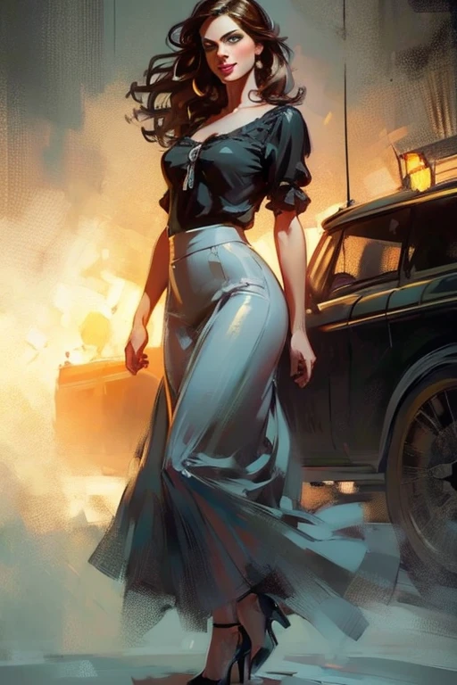 (realistic illustration:1.3), A very beautiful Russian woman. 31yo, brunette, green eyes, short, perfect figure, small breasts,(smile).Black blouse, gray pencil skirt, high heels. Masterpiece, (highly detailed:1.2),(detailed face and eyes:1.2), 8k wallpaper, natural lighting. core shadows, high contrast, bokeh.(rule of thirds)