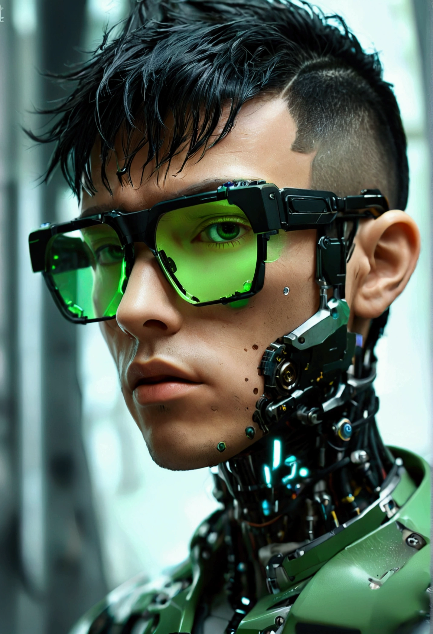 Male robot body hair with black-rimmed glasses with undercut hair, Look to the camera ::futuristic cyberpunk style ,realistic styling ::n_digital painting style, robotic parts, face perfect::seed 1、Black Edged Hair、large nose、Green-based clothing, photo by full body