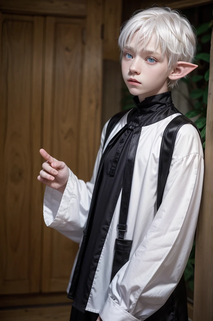 15 year old Albino male with elf ears ,white hair that is medium to short, wear y2k style clothes, purple eyes ,a little muscular but wearing a black long-sleeved blouse