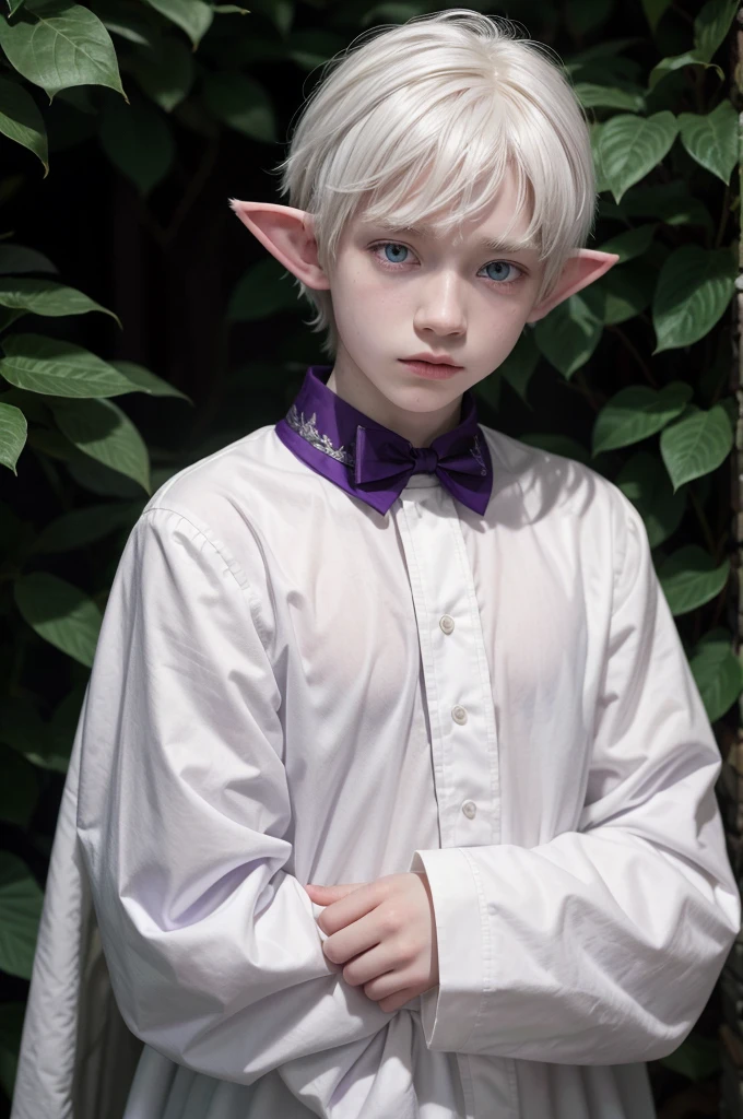 15 year old Albino male with elf ears ,white hair that is medium to short, wear y2k style clothes, purple eyes ,a little muscular but wearing a black long-sleeved blouse  