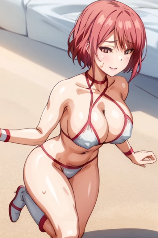 masterpiece, best quality, beautiful art, high resolution, well formed hands, body and fingers, 1 woman, solo, Miho Tsujinaka, full body , grown up, adult, huge and round ed, cleava ornament, wearing a Tyris Flare outfit , white_bikini, full body, sexy and skimpbikini, red boots, gorgeous hips, legs and thighs bouncing breasts, dancing vely and erotically, turning aroukini thong, shaking her body alluringly, smiling joyfully, looking at the viewer, sweating , flirting, beach environment